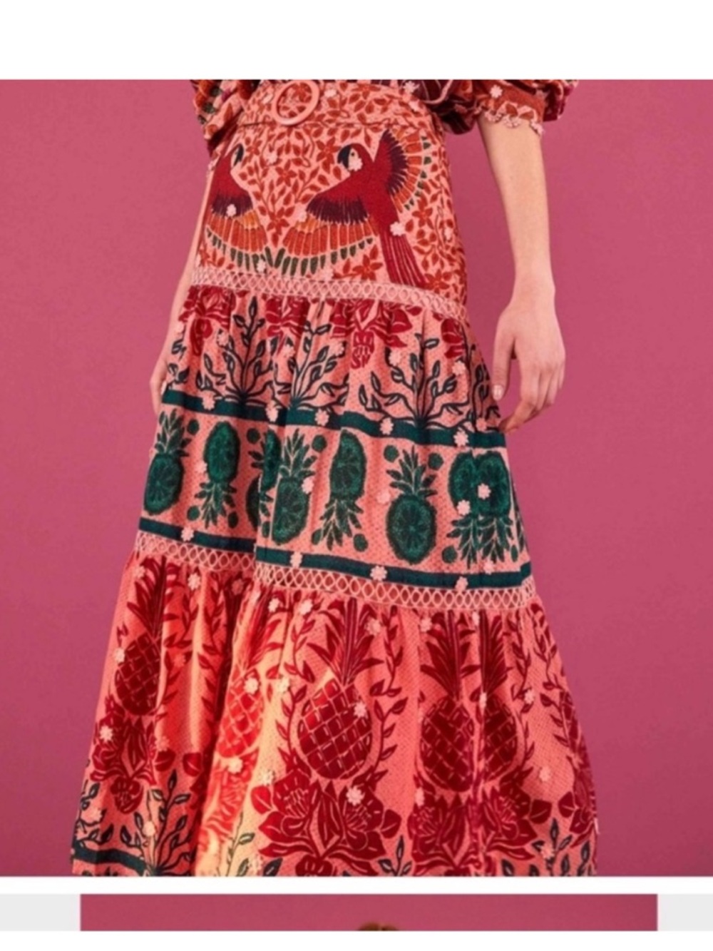 NWOT Farm Rio Ainiki Pink Parrot Maxi Skirt with Belt. Size XL